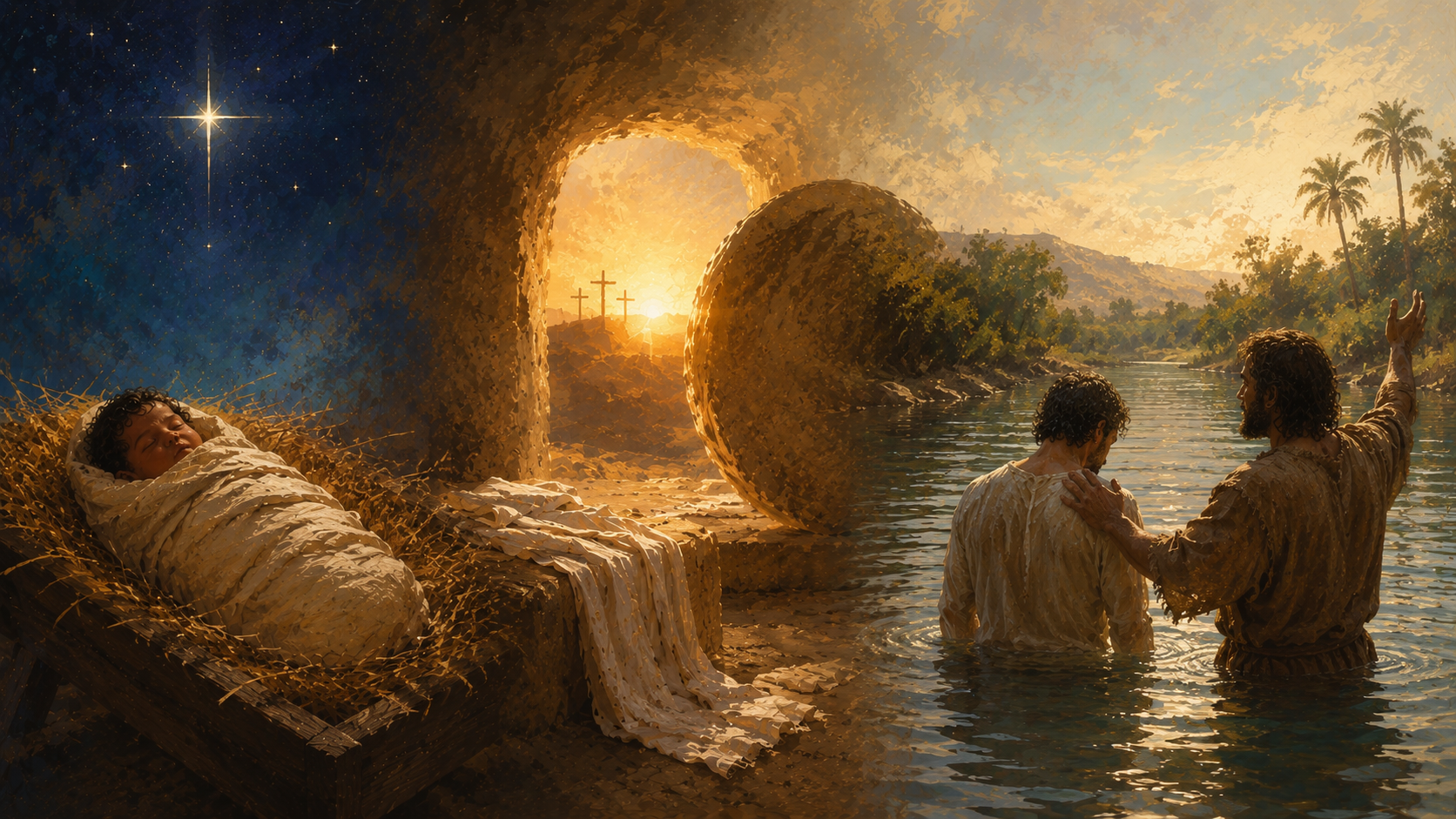a graphic that shows Jesus in swaddling clothes, an empty tomb with burial linens, and a baptism.